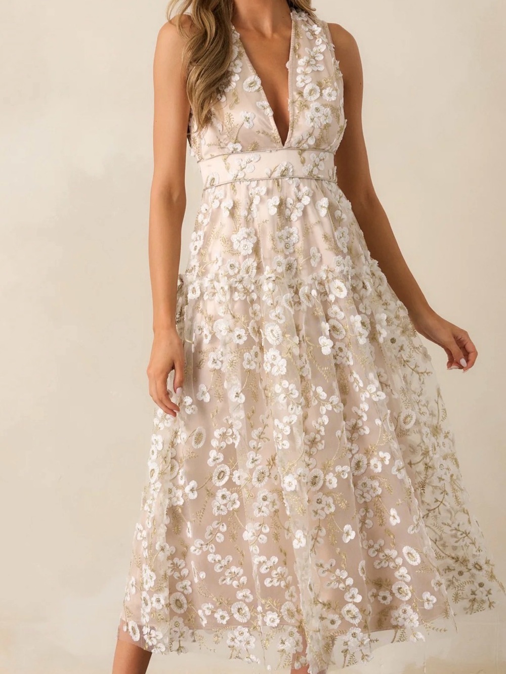 NWOT Just Me Blush Floral-Appliqué Midi Dress SZ LARGE